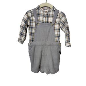 Baby Boys Sz 12mos Wheat Overalls Zara Plaid Long Sleeve Shirt Grey Tan
